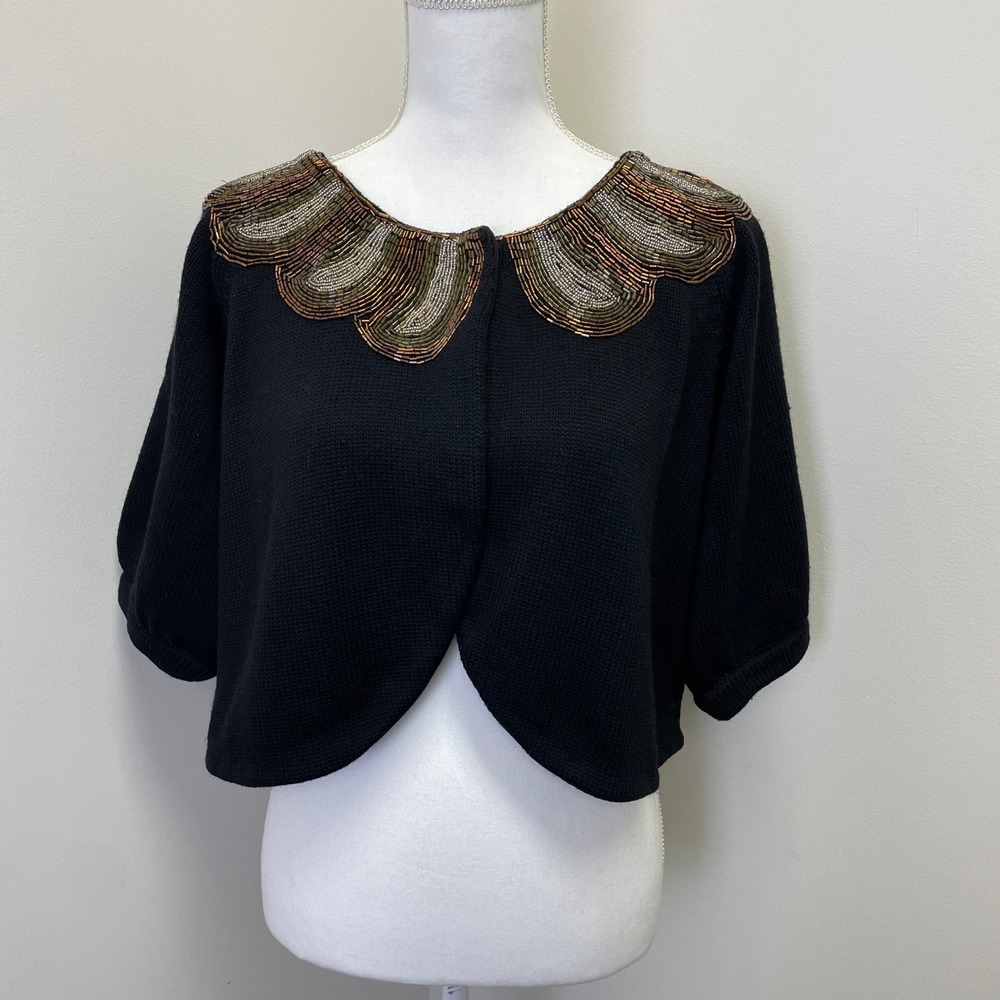 Tibi New York Black 100% Merino Wool Beaded Collar Cropped Shrug Cardigan L